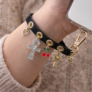 Universal Cellphone Black Leather Charm wristlet - Handmade